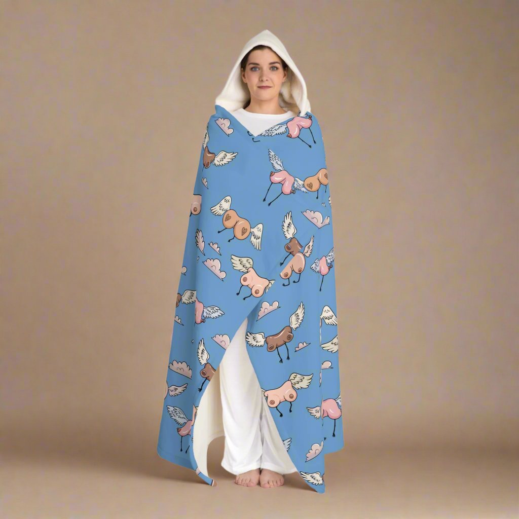 Hooded Sherpa Fleece Blanket, Flying Birds Print Blanket, Cozy Fleece Blanket, Soft Hooded Blanket, Warm Sherpa Blanket, Nature-Inspired Blanket