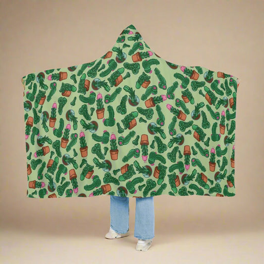 Hooded Blanket with a groovy print of cute cacti. Look at these cacti? What are they? Best gift for people who love humor 